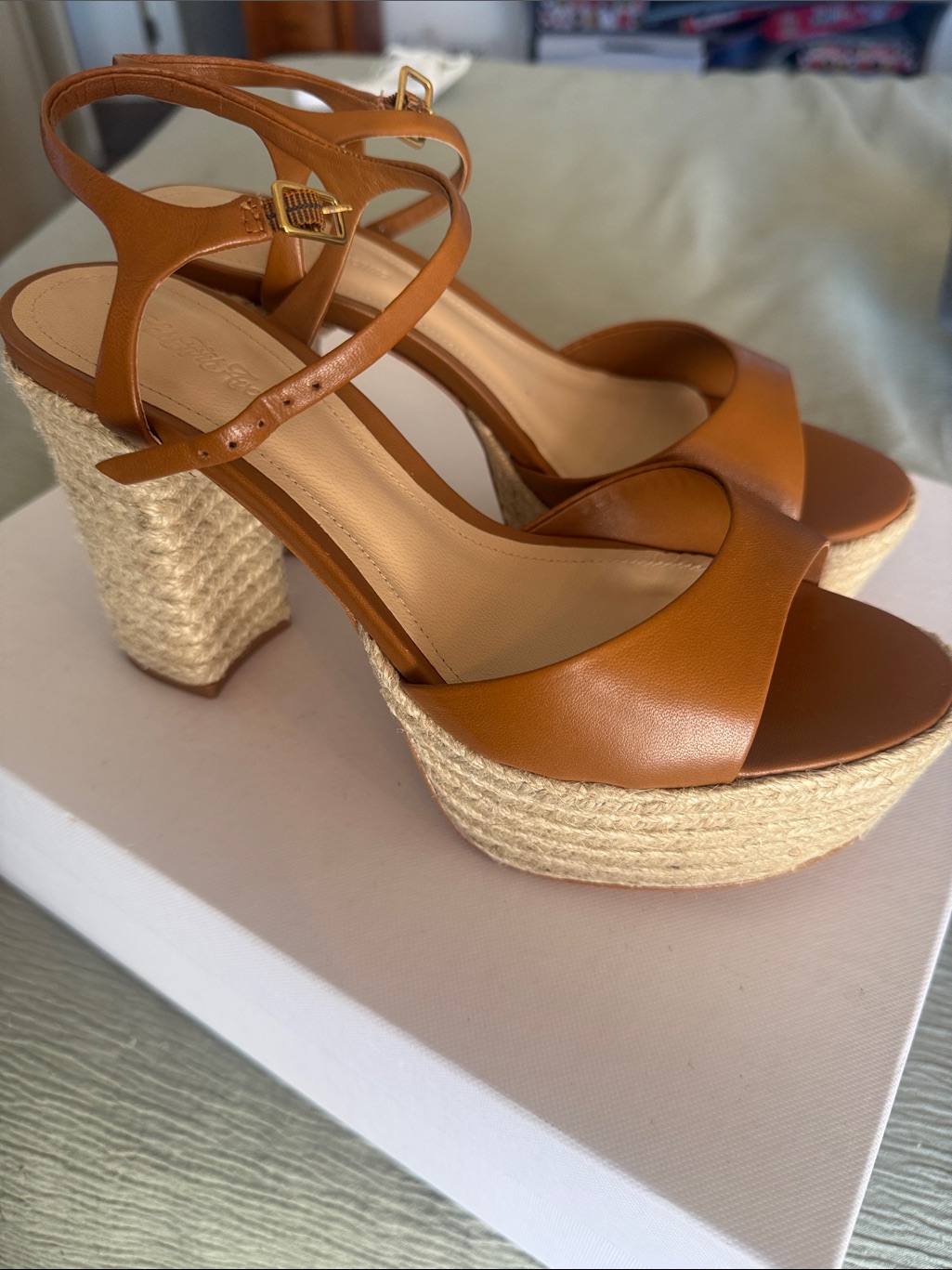Saks Fifth Avenue Tan Leather Espadrille Platform Sandals